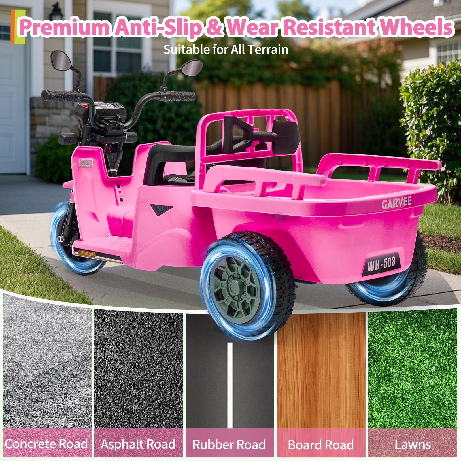 Garvee Ride P Series 3-Wheels Electric Tricycle w/Trailer, 12V Battery Powered Kids Motorcycle with Sand Shovel, 2x55W Motors, Bluetooth, Music, Headlight, Ride on Motorcycle for Kids Toddlers, Gift for Boys Girls, Pink