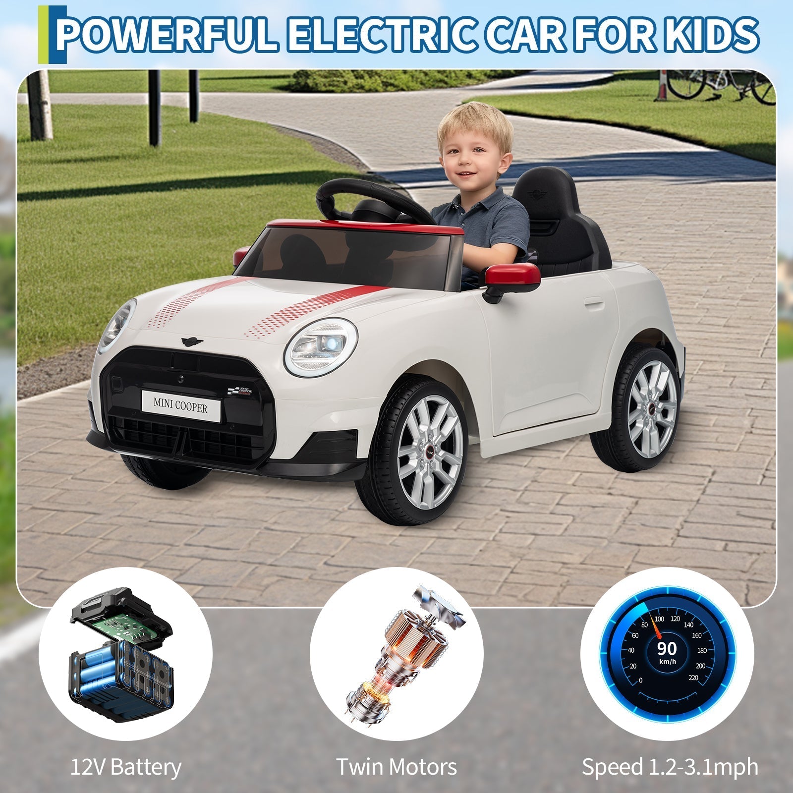 Garvee 12V BMW Mini Cooper Licensed Electric Ride-on Car for Kid, Powered by 4.5Ah Battery, Includes Positive Energy Charger, Wheels, Remote Control with Factory-Paired Code