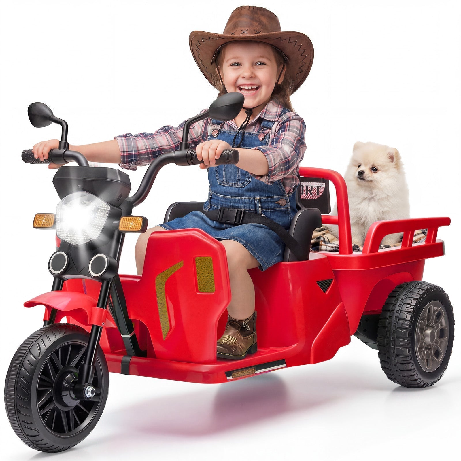 Garvee Ride P Series 3-Wheels Electric Tricycle w/Trailer, 12V Battery Powered Kids Motorcycle with Sand Shovel, 2x55W Motors, Bluetooth, Music, Headlight, Ride on Motorcycle for Kids Toddlers, Gift for Boys Girls, Red