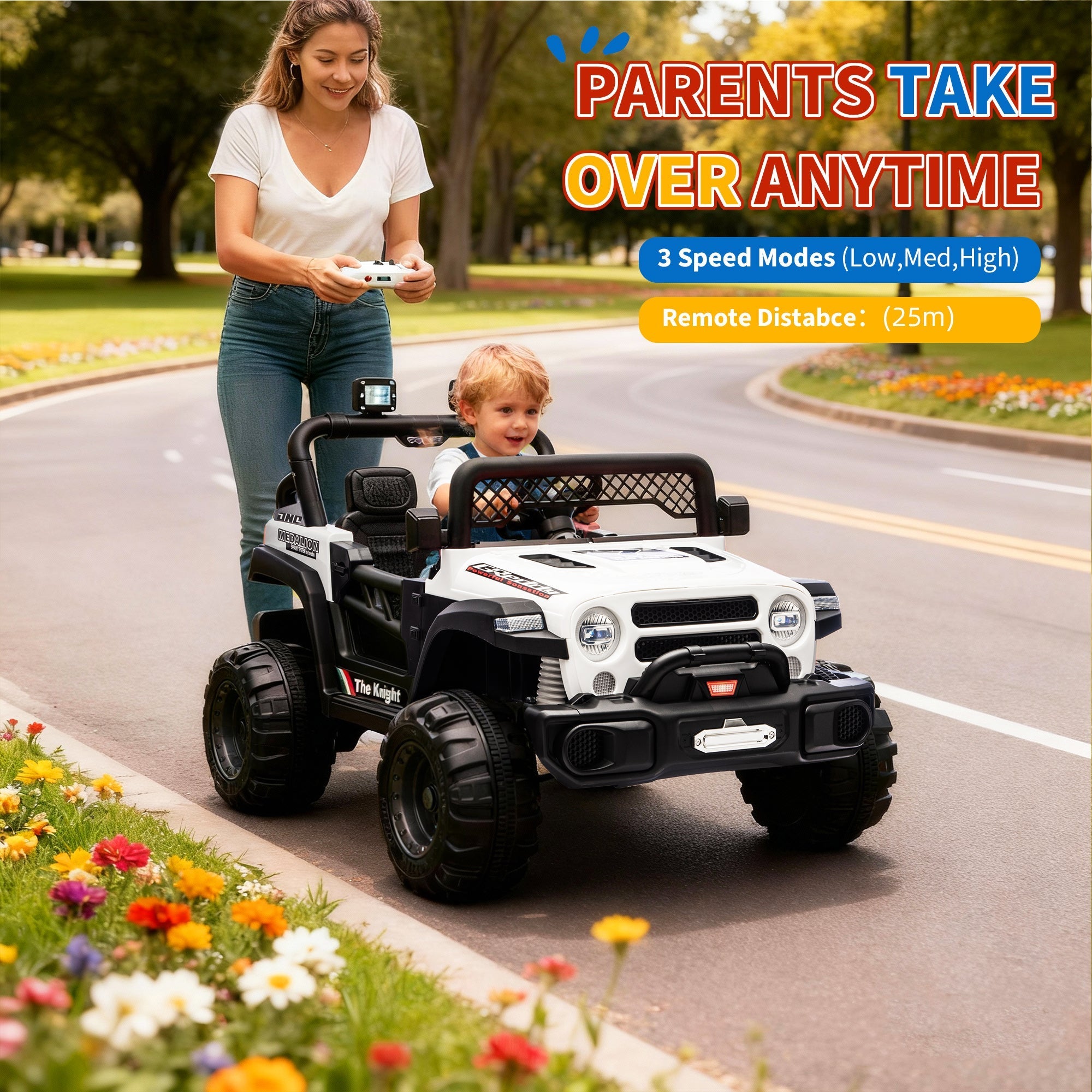 Garvee 12V Kids Electric Ride-On Truck – Dual Motors, 3 Speeds, Remote Control, Spring Suspension, LED Lights, Music, Safety Belt, Storage – Battery Powered Car Toy for Boys & Girls Ages 2-8, White