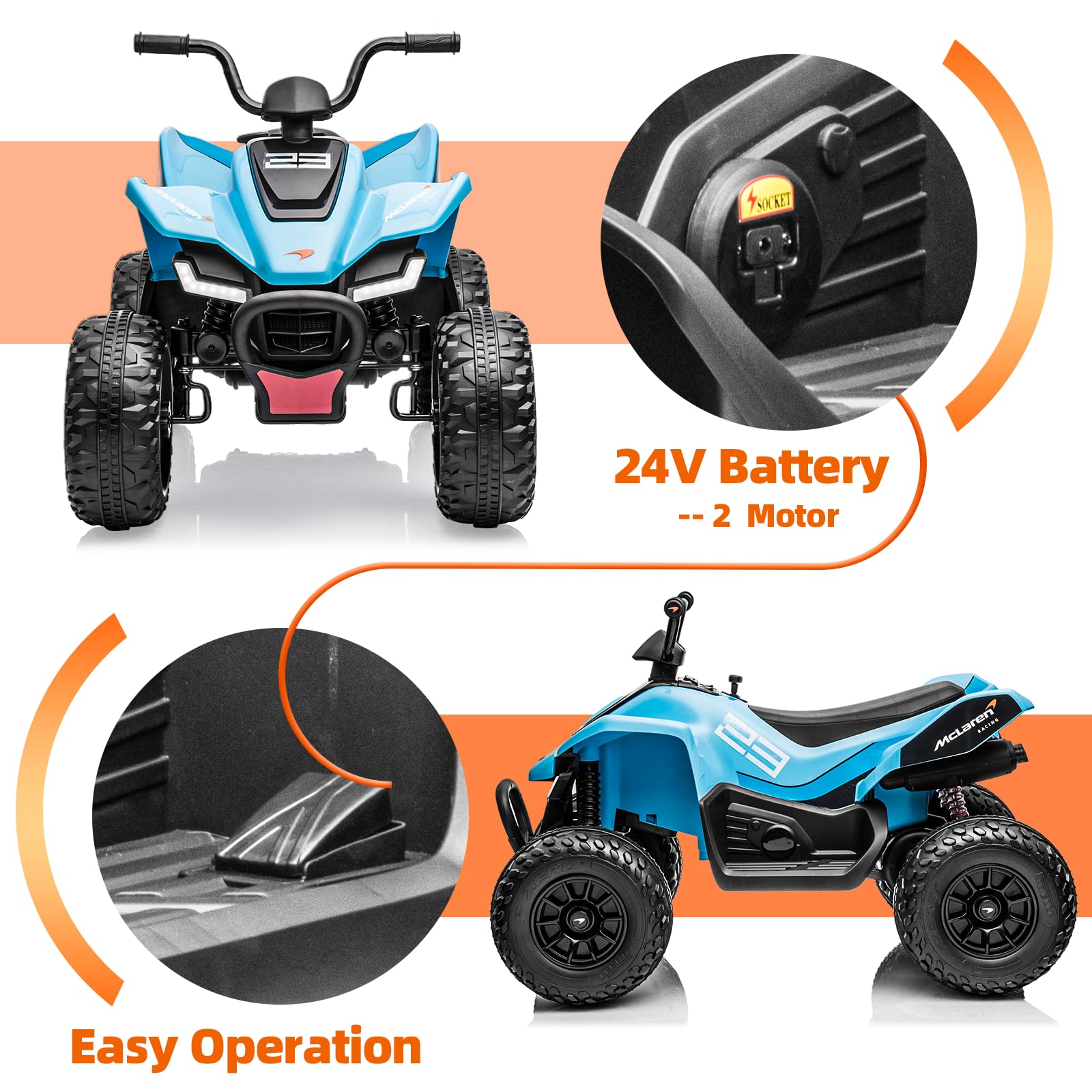 Garvee Ride - P Series: 24V Mc-Laren Ride On Car Kids ATV 3+ with LED and Music Mode - Blue
