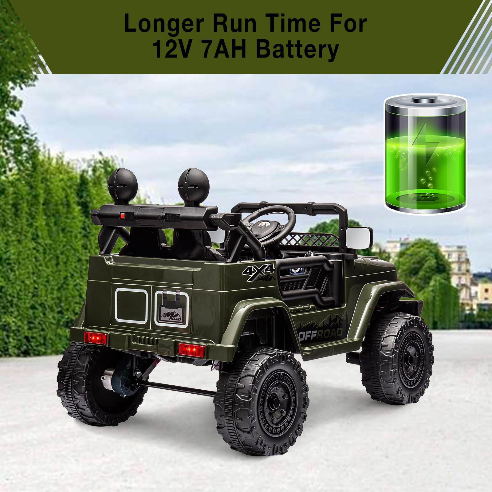 Garvee Ride - P Series: 12V Power Wheel Electric Car for Kids, Ride on Toys with Led Lights Bluetooth, 3 Speeds, Spring Suspension - Dark Green