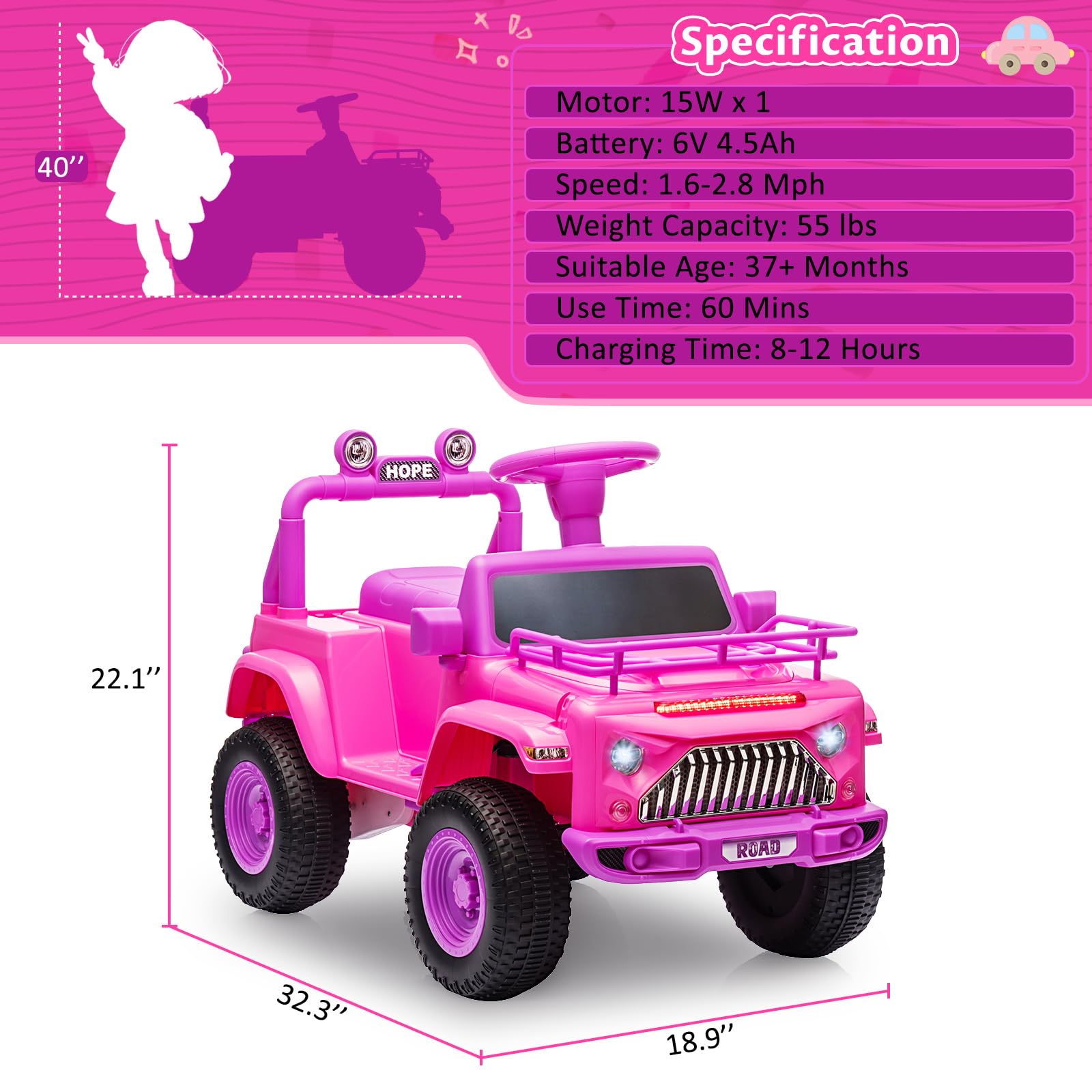 Garvee Ride - P Series: 6V Ride On Car for Toddlers - Battery Powered Electric Car with Music, LED Light, FM, Horn, Rear Storage, 4 Wheels - Pink