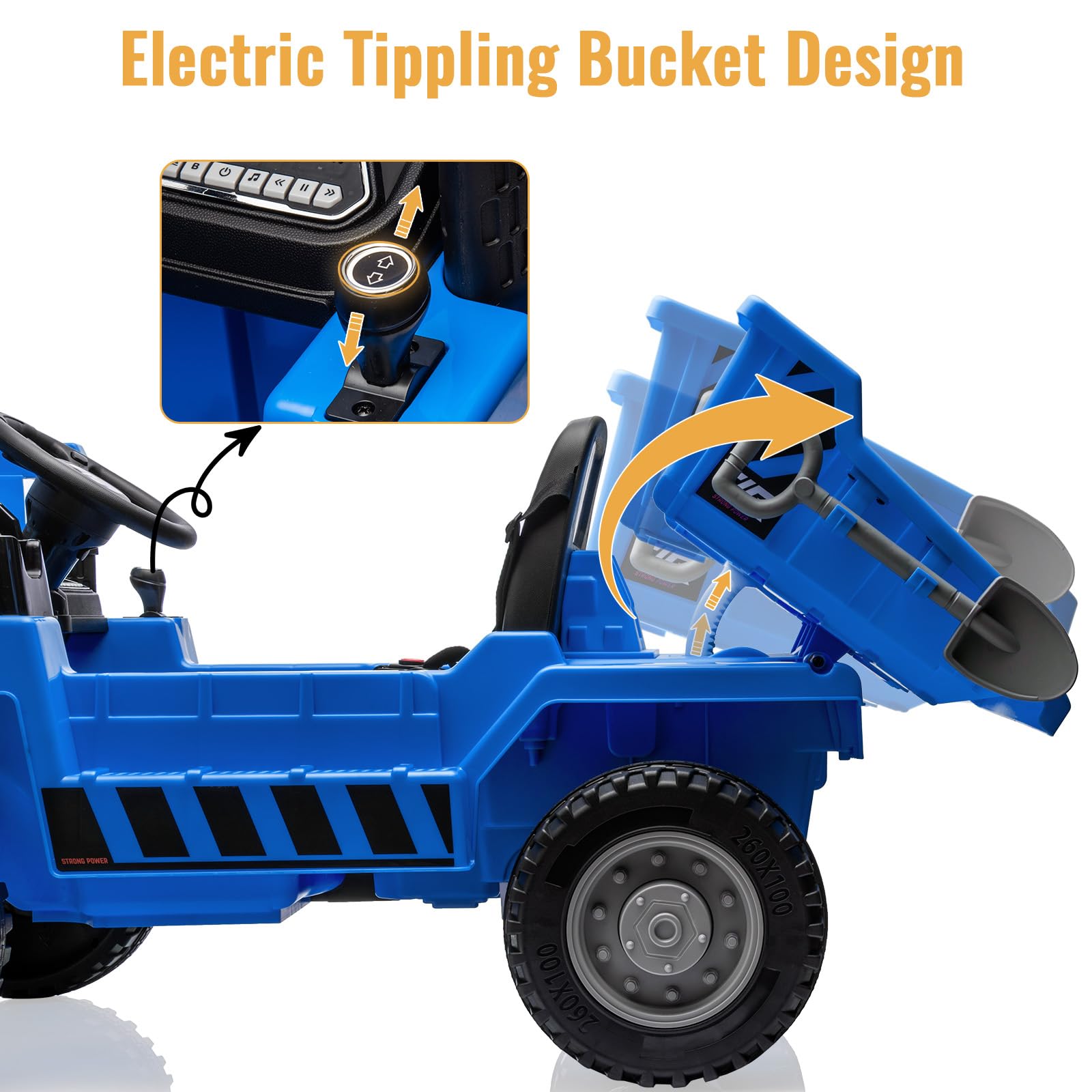 Garvee Ride - P Series: 12V Kids Ride on Dump Truck with Electric Bed, Remote Control, USB, MP3, Music, Battery Indicator, Blue