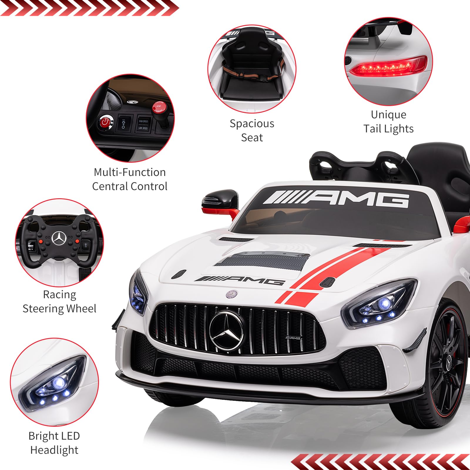 Garvee Ride on Car for Kids with Remote Contorl, 12V Licensed Benz AMG Electric Vehicles Battery Powered Sports Car,Sound System, LED Headlights,One Button Assemble Wheels for 3-8 Years Boys Girls - White