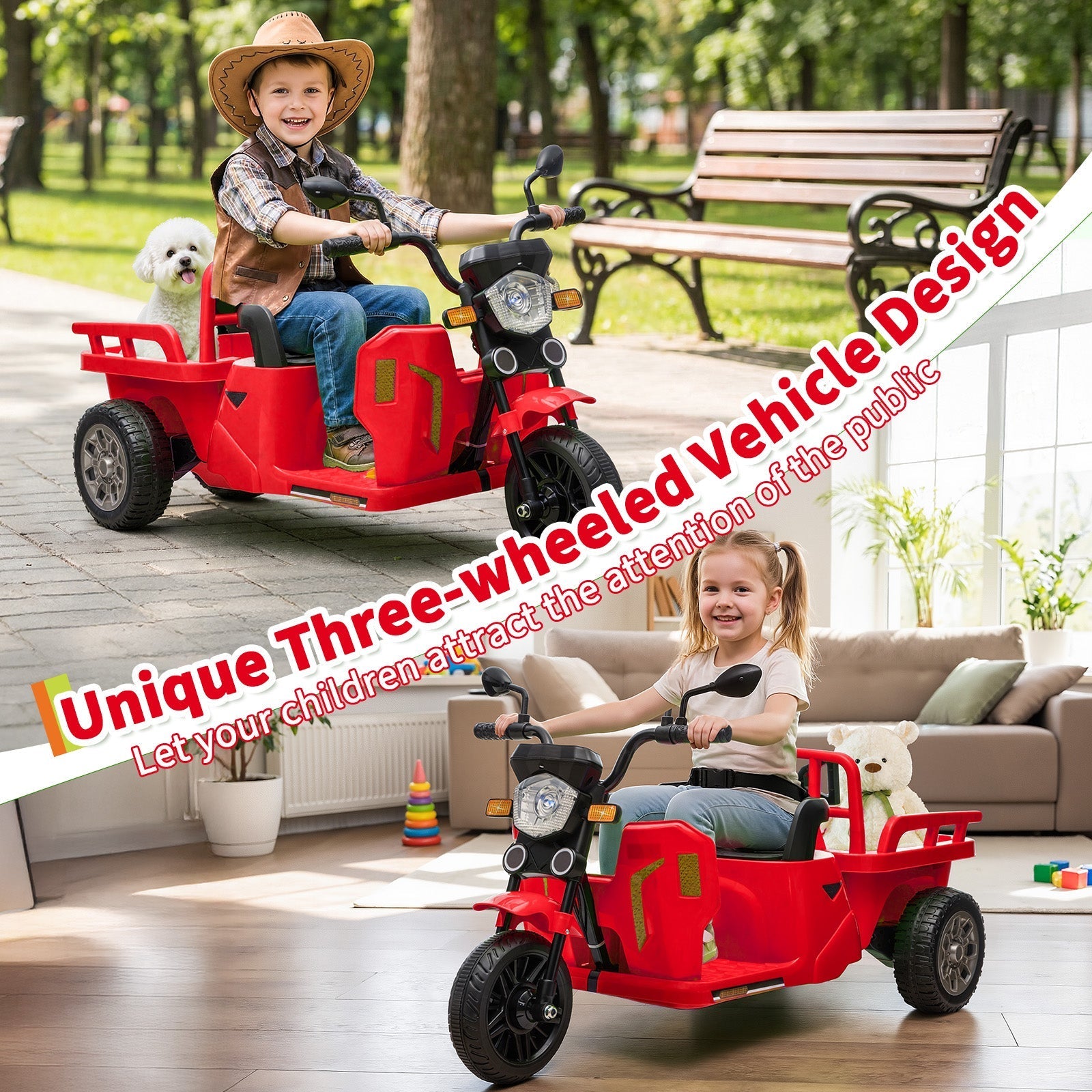 Garvee Ride P Series 3-Wheels Electric Tricycle w/Trailer, 12V Battery Powered Kids Motorcycle with Sand Shovel, 2x55W Motors, Bluetooth, Music, Headlight, Ride on Motorcycle for Kids Toddlers, Gift for Boys Girls, Red