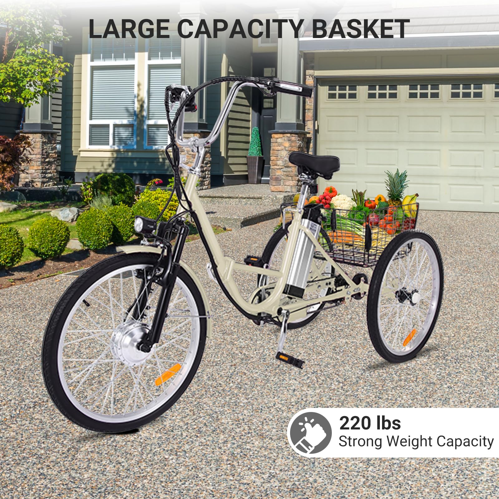 Garvee 26 Inch Adult Electric Tricycle Folding 7-Speed Electric Tricycle with Basket, 36V Detachable Battery, 250W Brushless Motor Suitable for Men and Women, Beige