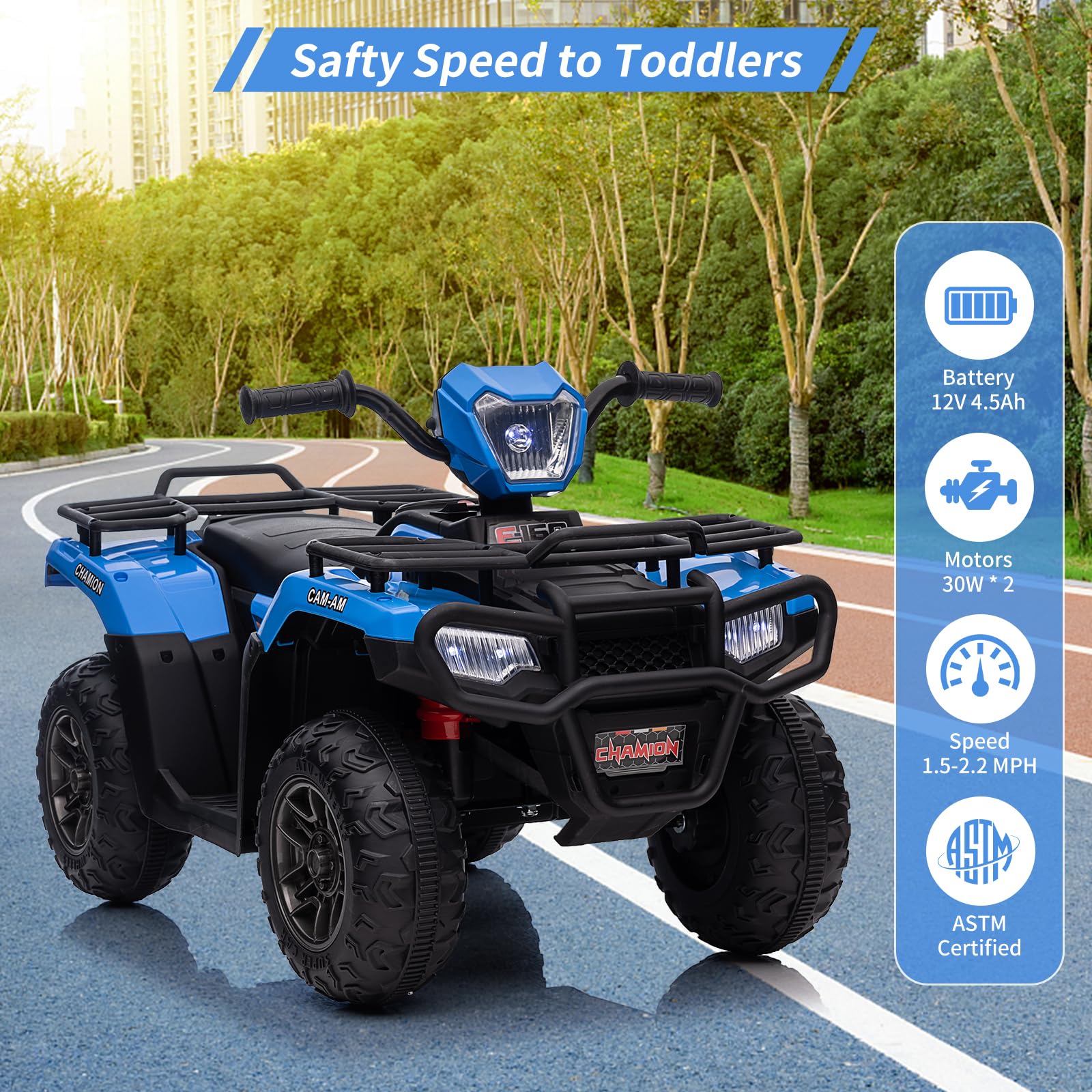 Garvee Ride - P Series: 12V Ride on ATV for Kids, Electric Vehicle for Toddlers,High/Low 2.2mph Safety Speed for Child, Forward/Backward,LED Light, Music,USB for Boys Girls Gift- Blue