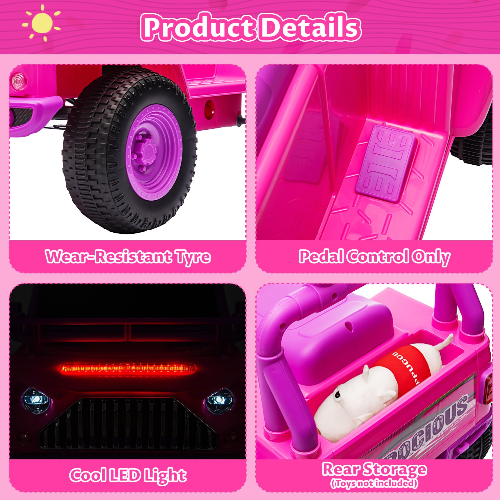 Garvee Ride - P Series: 6V Ride On Car for Toddlers - Battery Powered Electric Car with Music, LED Light, FM, Horn, Rear Storage, 4 Wheels - Pink