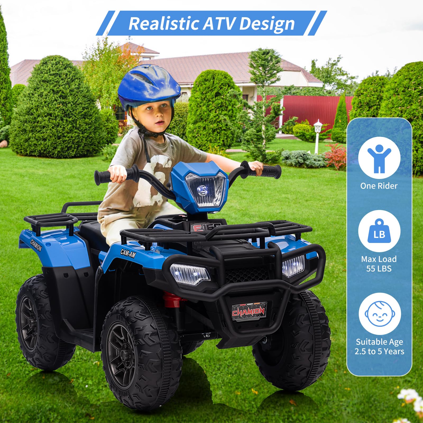 Garvee Ride - P Series: 12V Ride on ATV for Kids, Electric Vehicle for Toddlers,High/Low 2.2mph Safety Speed for Child, Forward/Backward,LED Light, Music,USB for Boys Girls Gift- Blue