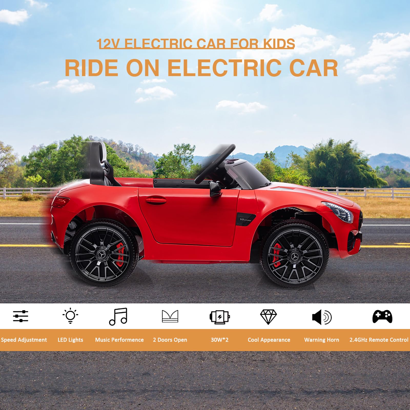 Garvee Ride Car for Kids, 12V Power Battery Electric Vehicles for 3-7 Toddlers, Licensed Mercedes-Benz with Remote Control, MP3 Player - Red