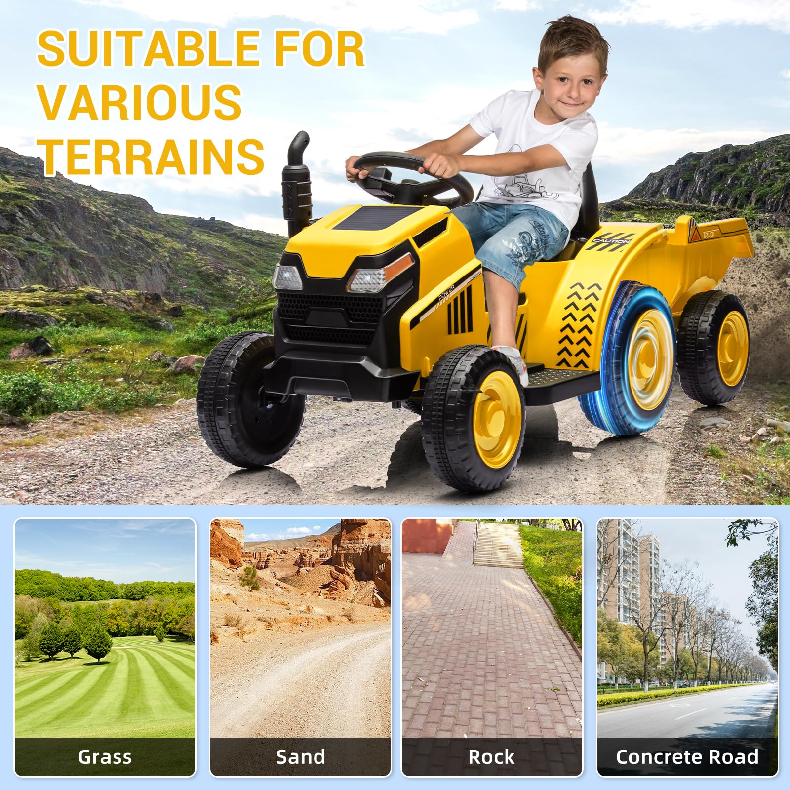 Garvee Ride - P Series: Kids Ride on Tractor with Trailer, Kids’ Electric Vehicles with Wear-Resistant Wheels, LED Headlights, Music & USB Port, Kids Ride on Car Toys for Toddlers Kids, Yellow
