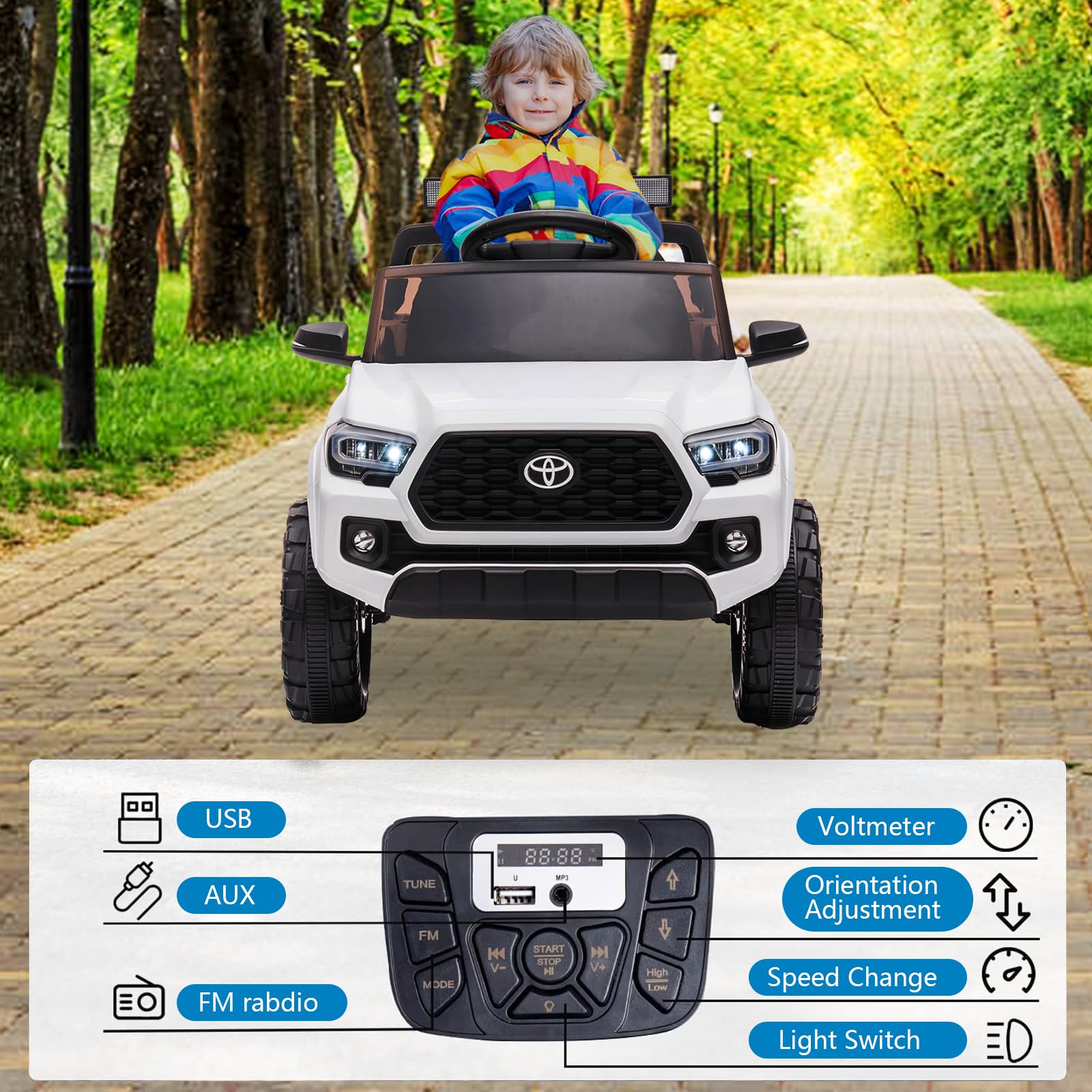 Garvee Ride - P Series: 12V Toyota Tacoma Kids Car, Spring Suspension, with LED Light - White