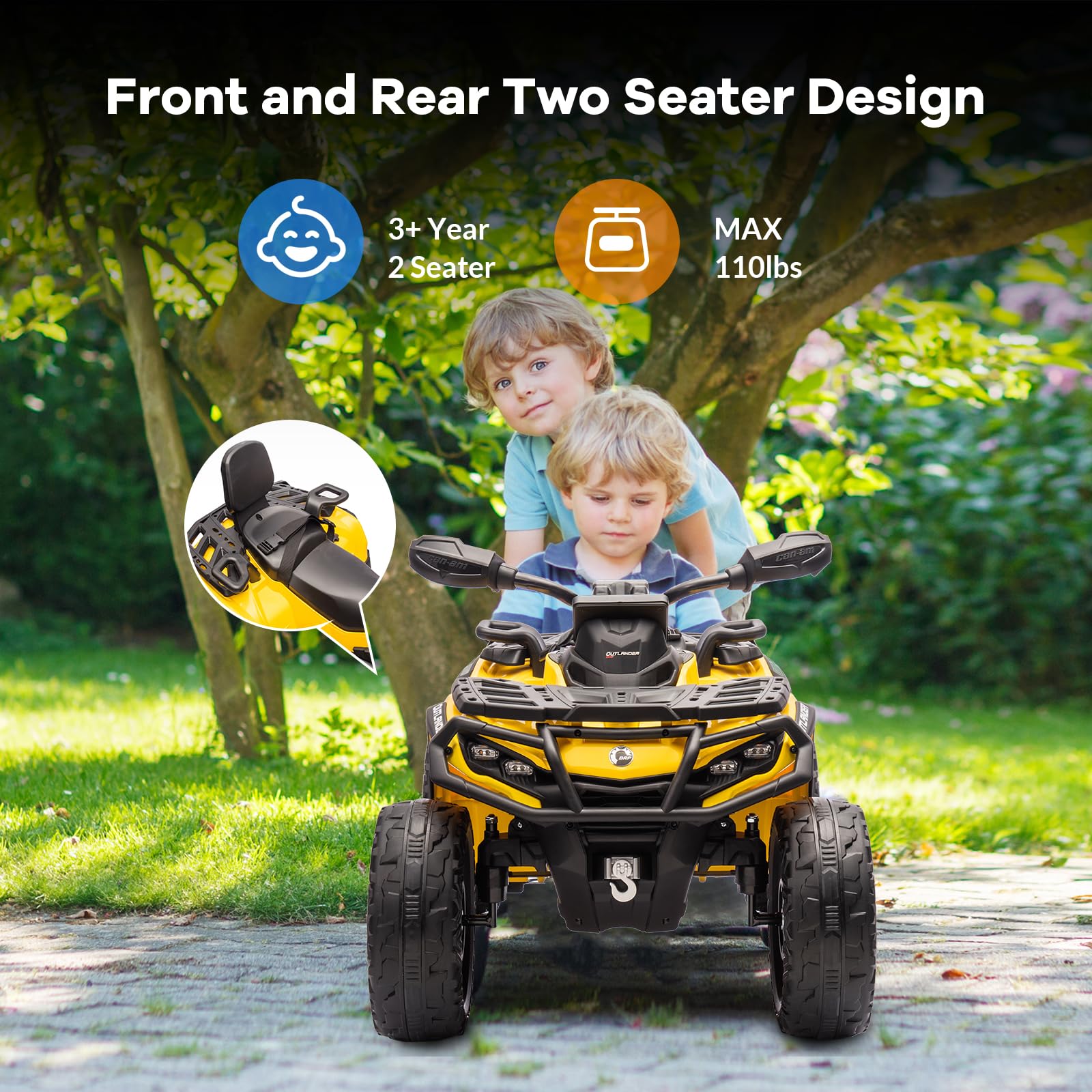 Garvee Ride - P Series: 12V Kids Ride On Electric ATV, 2 Leather Seater ATV Car for Kids, 27V Kids Ride On Toys with LED Headlights, Bluetooth & Music, Adjusted Speeds 2-4 MPH, Ride On Toys for Kids 3-8,Yellow