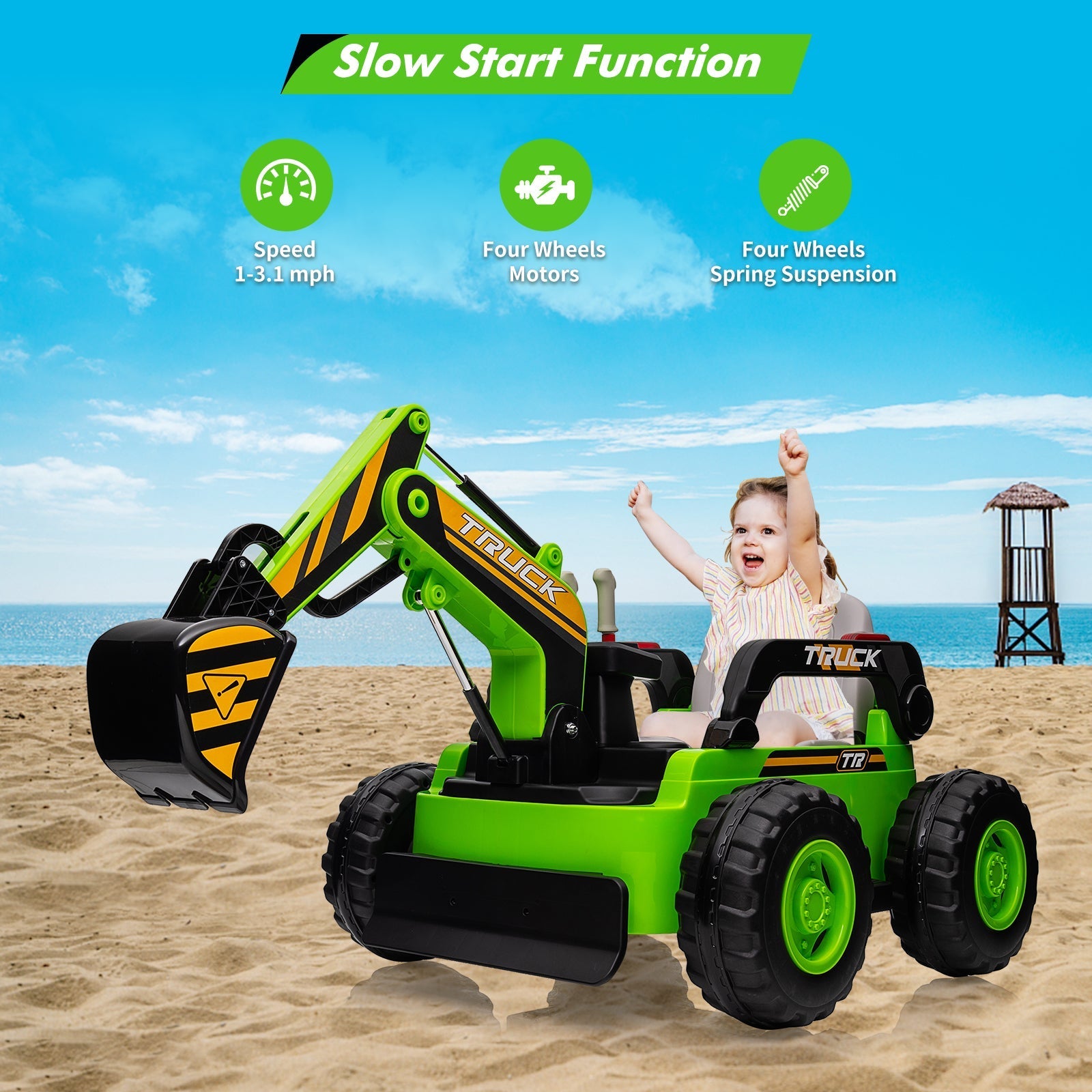Garvee Ride - P Series: 12V Kids Ride On Excavator Digger Car with Remote Control & Electric Digging Arm with 2x35W Motors, 10Ah Large Battery, 4x75W Driving Motors,Led Tail Light, Music, USB, Ride Toy , Green