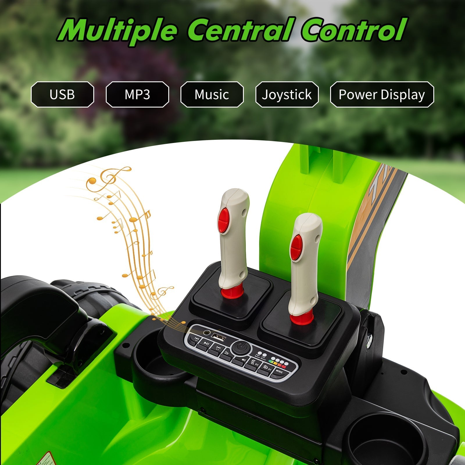 Garvee Ride - P Series: 12V Kids Ride On Excavator Digger Car with Remote Control & Electric Digging Arm with 2x35W Motors, 10Ah Large Battery, 4x75W Driving Motors,Led Tail Light, Music, USB, Ride Toy , Green