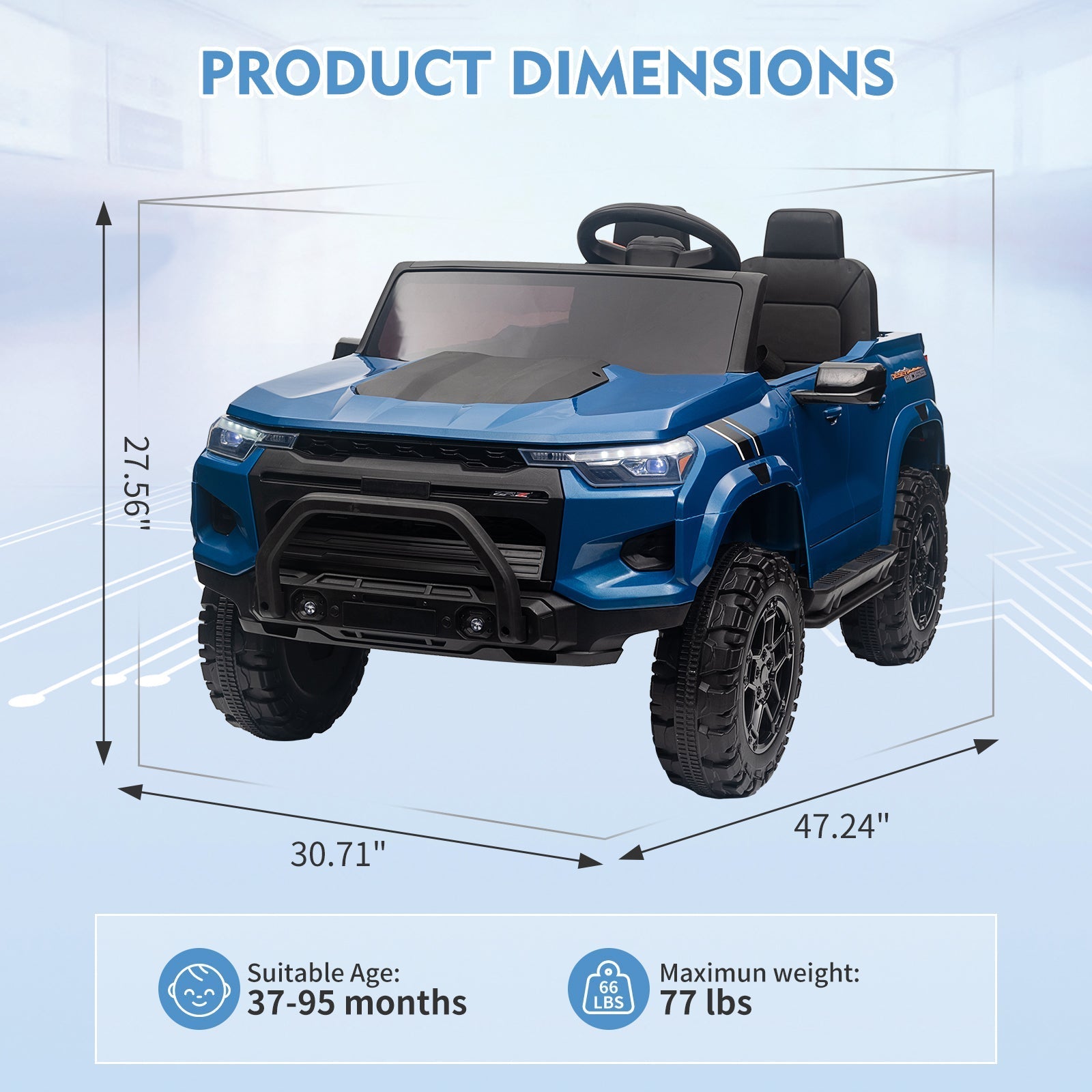 Garvee Ride - P Series: 24V Kids Ride On Car 2 Seater Electric Ride On Toy for Toddlers Battery Powered Truck Car With Remote Control, Battery Display, Handle, Trunk, LED Lights, Music (Blue)