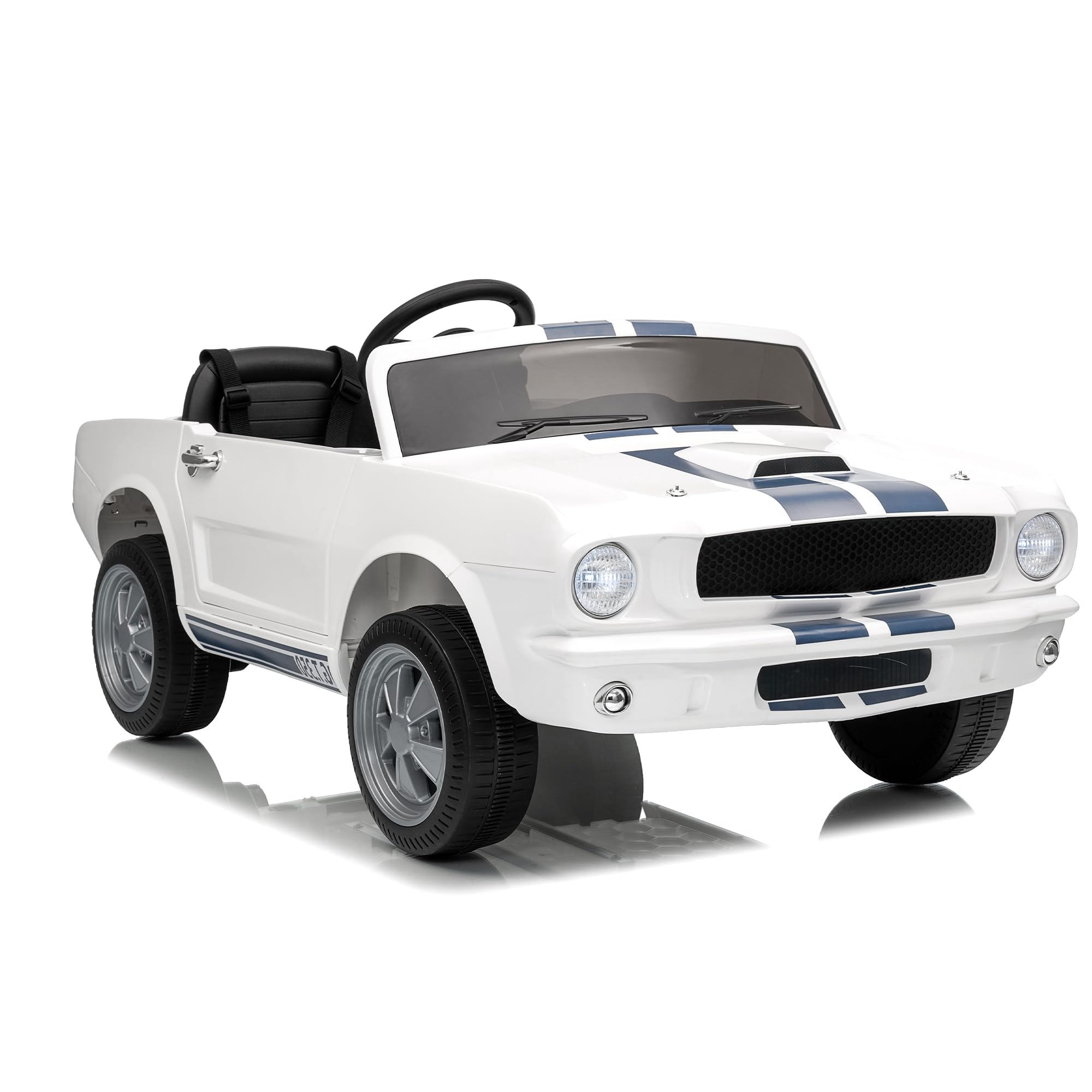 Garvee Ride - P Series: 24V 2 Seater Ride On Electric Car Shelby GT350 with Remote Control, Safety Belt, LED Lights, 2 Speeds, White - Kids Outdoor Fun