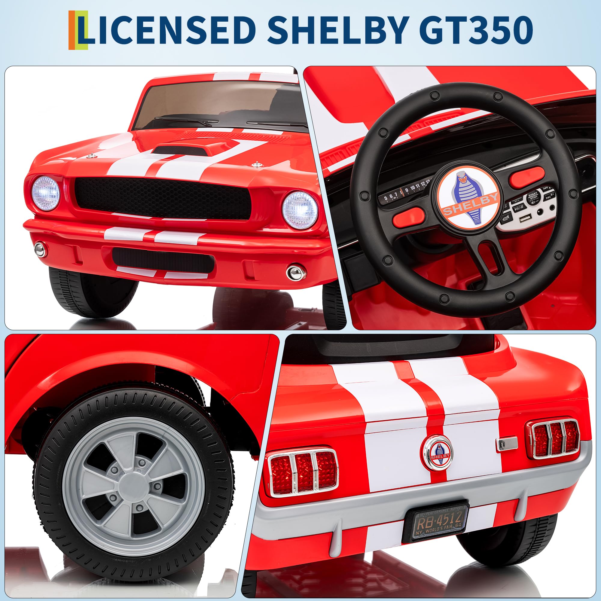 Garvee Ride - P Series: 2 Seater Ride On Electric Car 24V 7AH with Remote Control, 2 Speeds, Safety Belt, LED Lights, Music, Licensed Shelby GT350, Red, for Kids 3+