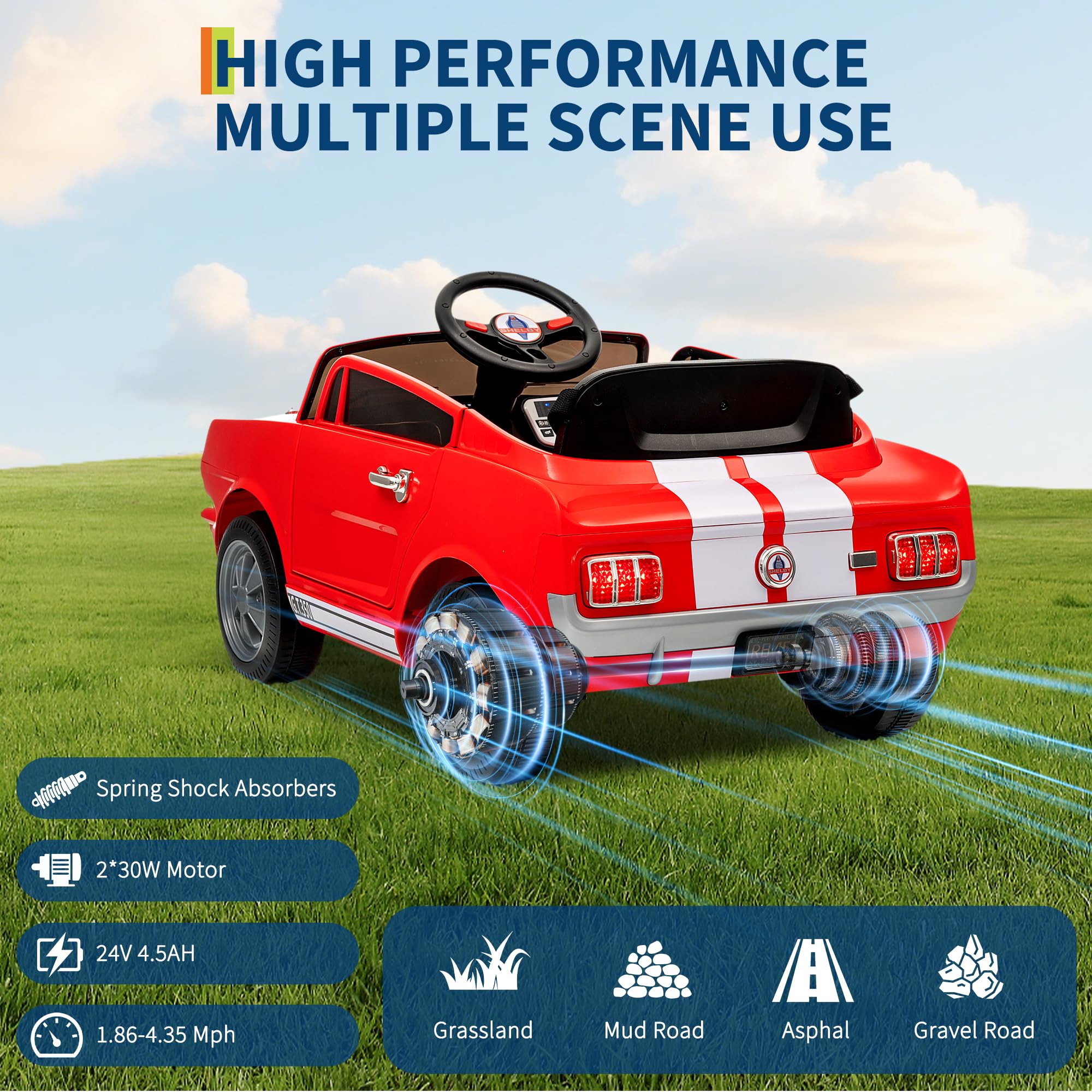 Garvee Ride - P Series: 2 Seater Ride On Electric Car 24V 7AH with Remote Control, 2 Speeds, Safety Belt, LED Lights, Music, Licensed Shelby GT350, Red, for Kids 3+