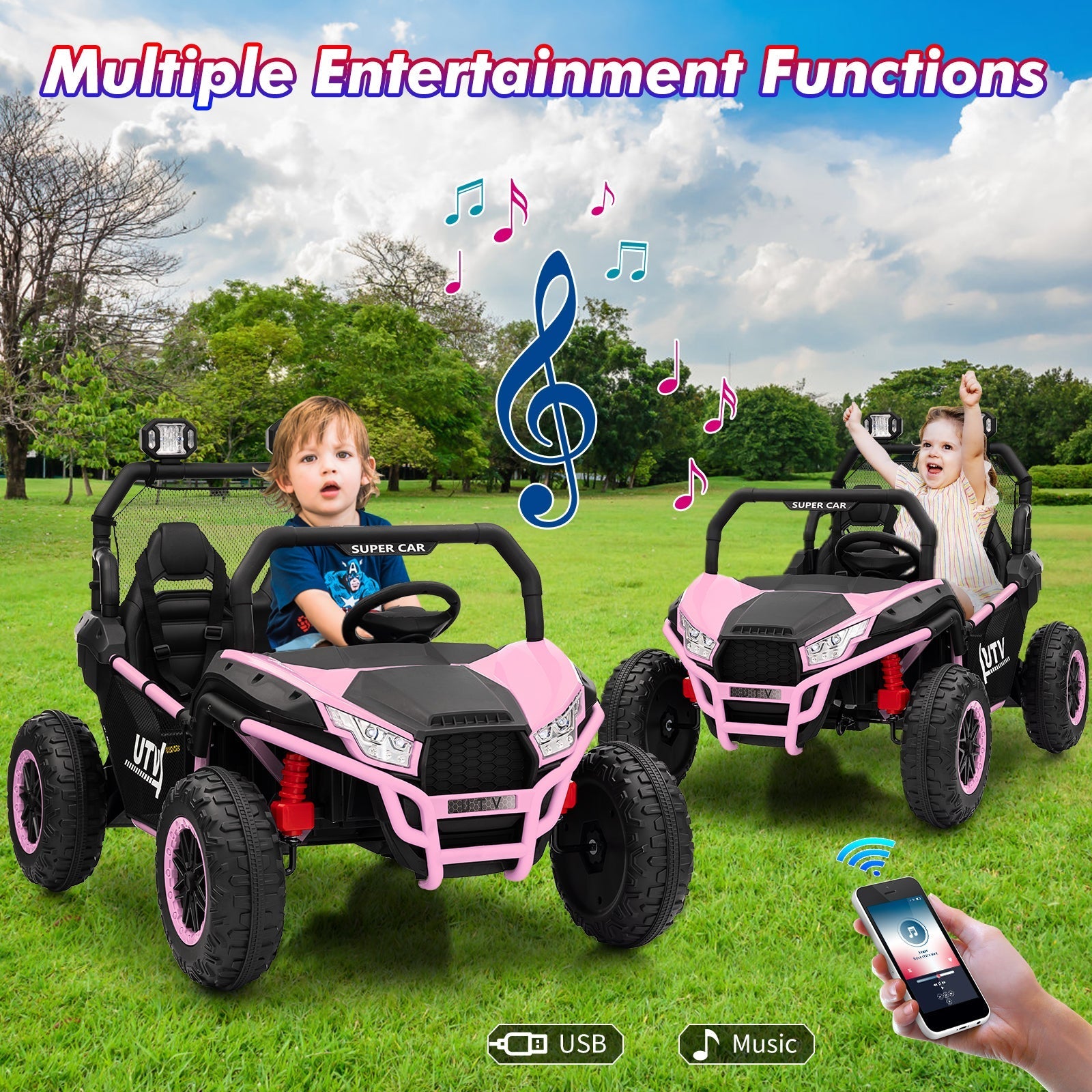 Garvee Ride - P Series: 2 Seater 24V Ride On Car,Electric Vehicle Utv Car for Kids,400W Motors Electric Truck With Remote,4.5MPH Max Speed,Four-Wheel Suspension,Music,Best Gift for Kids,Pink