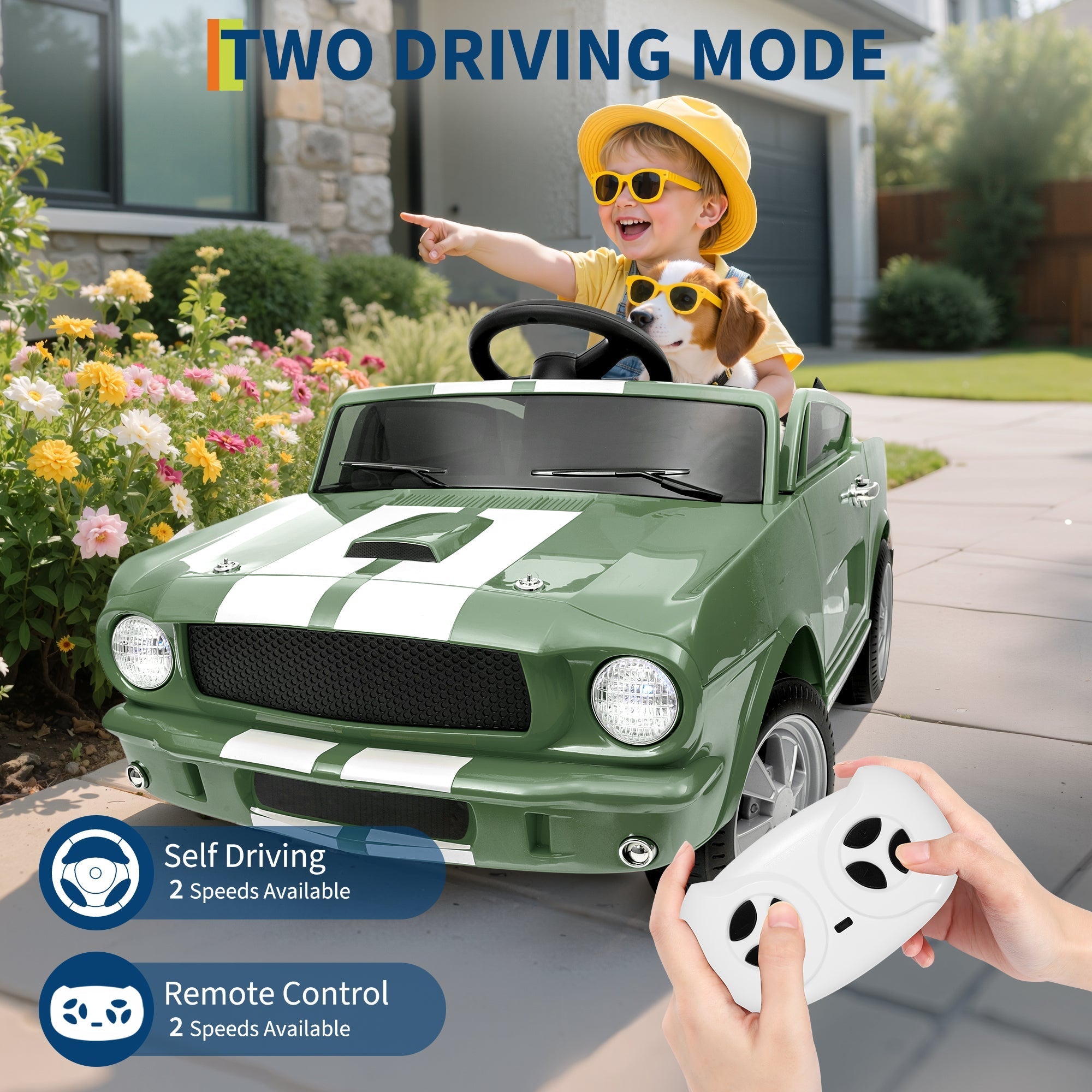 Garvee Ride - P Series: 12V Ride On Licensed Shelby GT350 Electric Car for Toddlers with Remote Control, Safety Belt, 2 Speeds, LED Lights, Music, Green - Kids Battery Powered Vehicle for Ages 3+