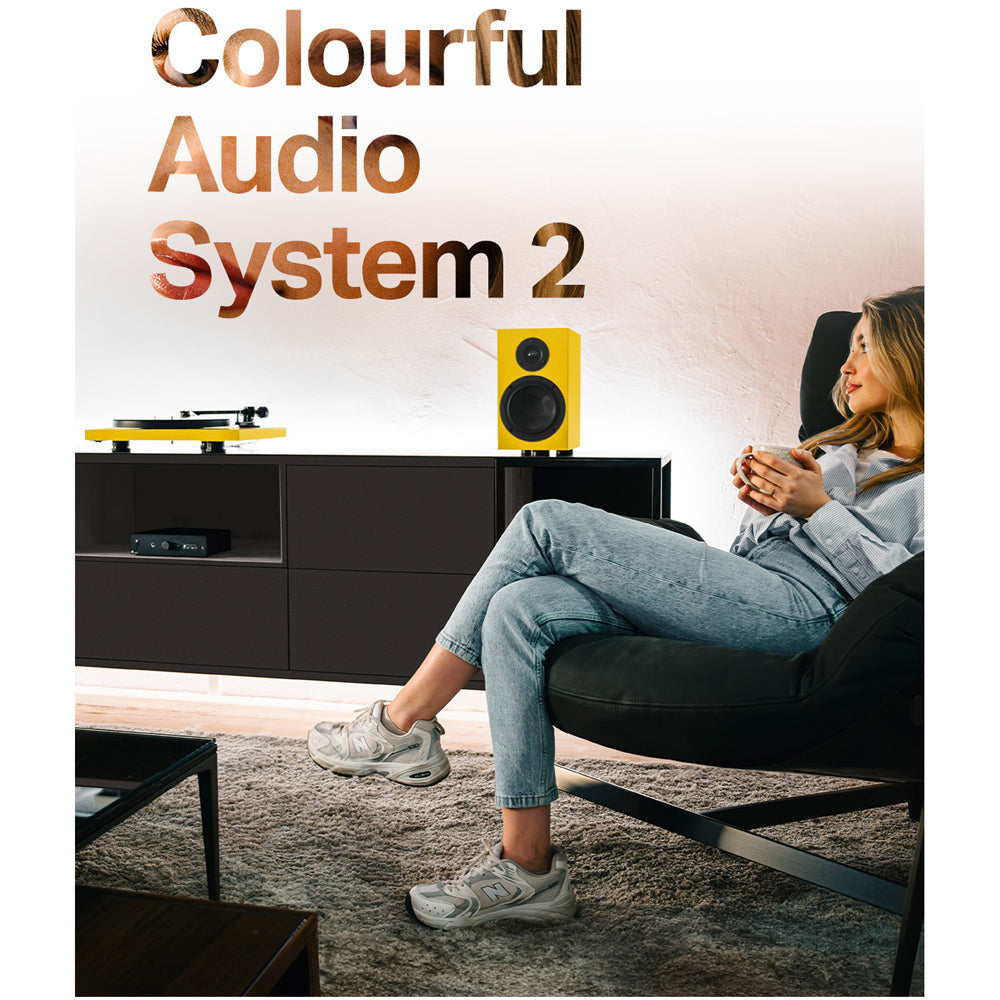 Pro-Ject Colourful Audio System 2 with Debut EVO 2 Turntable MaiA S3 Amplifier and Speaker Box 5 S2 Speakers - Satin Golden Yellow