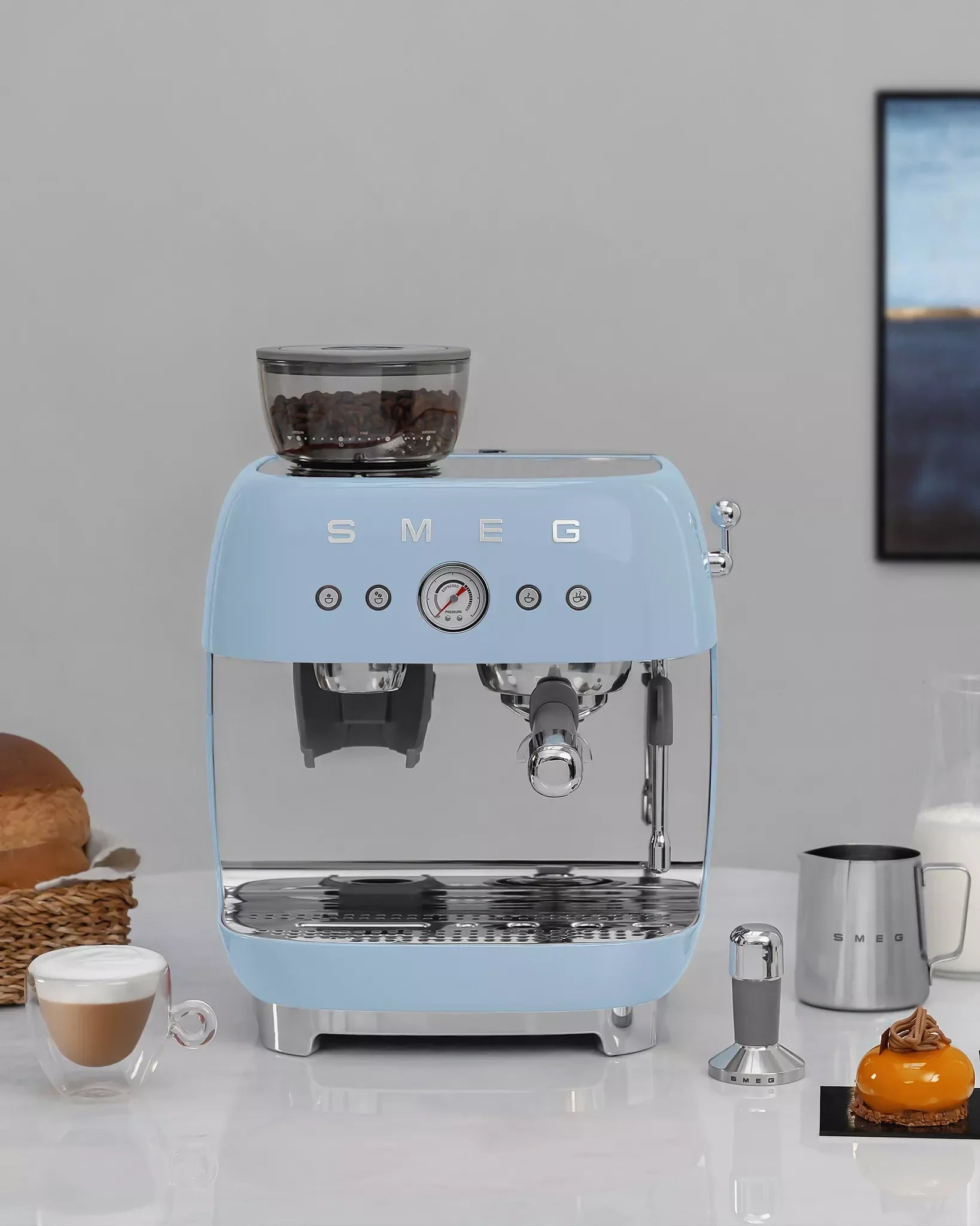 Smeg EGF03PBUK Retro Espresso Coffee Machine with Grinder in Pastel Blue