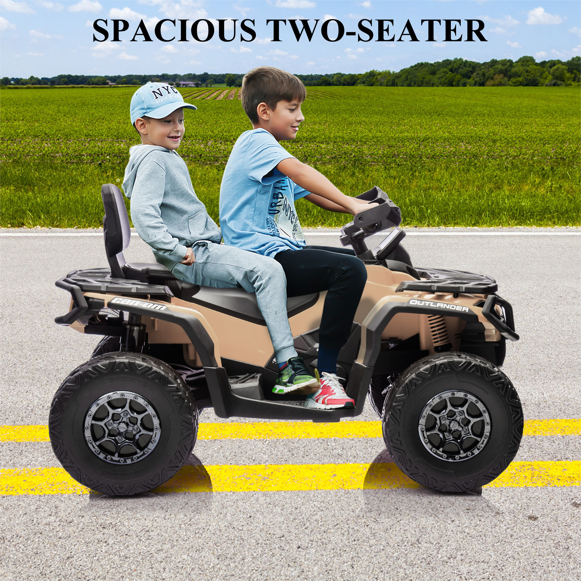 Garvee Ride - P Series: 2 Seater Ride On Car 24V 4WD Electric ATV, Leather Seats, Safety Belt, Bluetooth, Adjustable Speed, Yellow, Outdoor Adventure - Brown