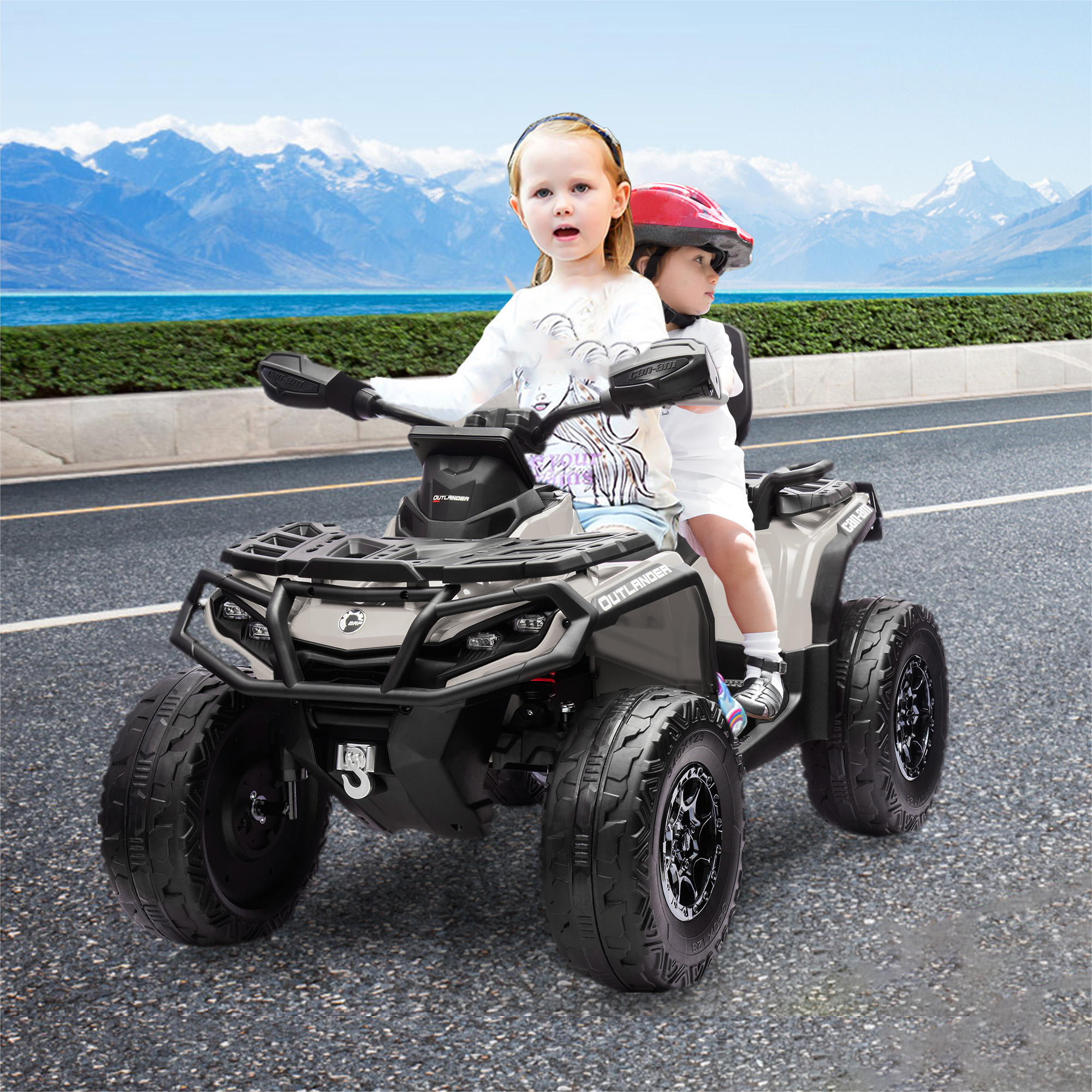 Garvee Ride - P Series: 2 Seater Ride On Car 24V 4WD Electric ATV, Leather Seats, Safety Belt, Bluetooth, Adjustable Speed, Yellow, Outdoor Adventure - Grey