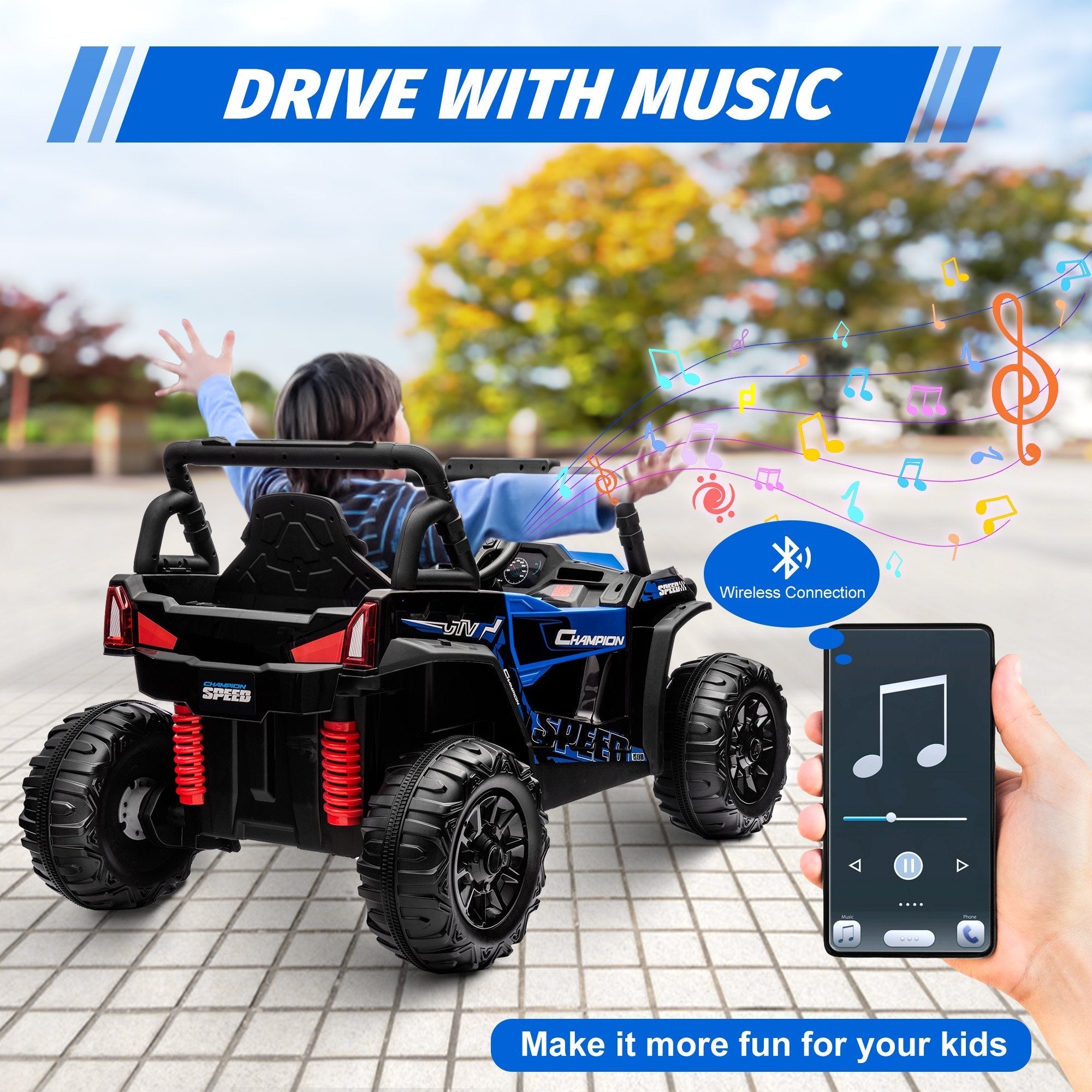 Garvee Ride - P Series: 12V Toy Electric Truck Utv with Large Wide Seat and Remote Control, Led Lights, Wireless Connection, Music, 2 Spring Suspension for 3-8 Boys & Girls