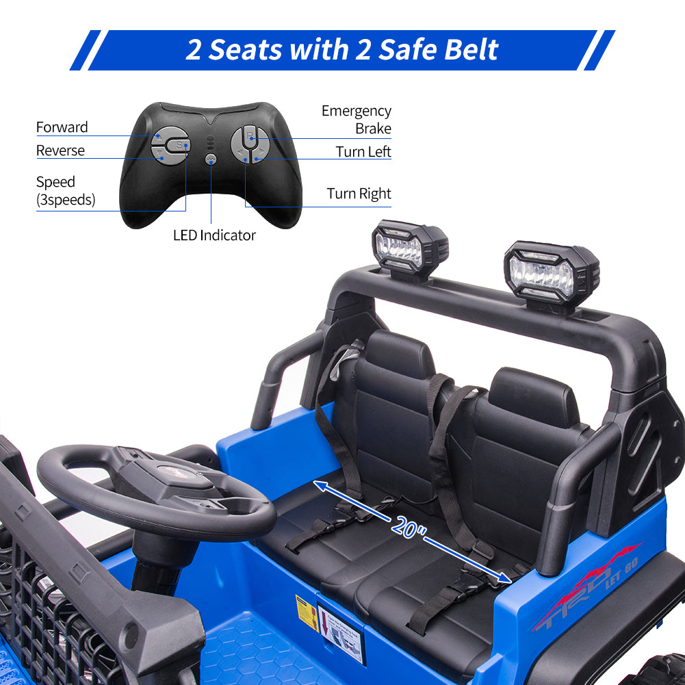 Garvee 24V Kids Ride On Car with Remote Control, 2 Seats 20“ Extra Large Seat Wide Truck, Power Wheels Vehicle, LED Brightlight, Front Storage, Bottle Holder, Central Control, Horn, Bluetooth, USB (Blue)