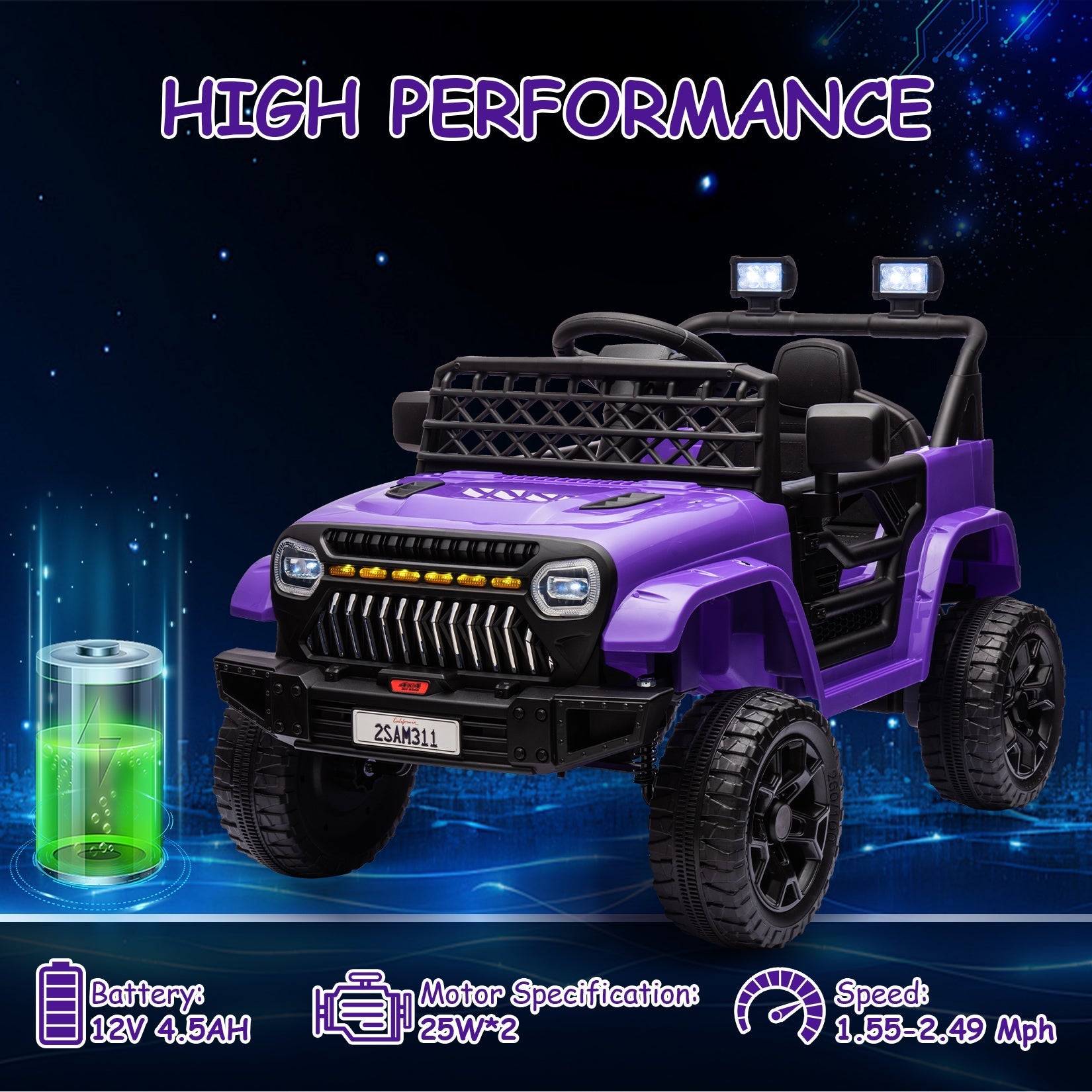 Garvee Ride - P Series: 12V Kids Ride On Truck for Toddles age 3+,with 2.4G Remote Control, Spring Suspension, Battery Display, LED Lights, Music, Battery Powered Ride on Car - Purple