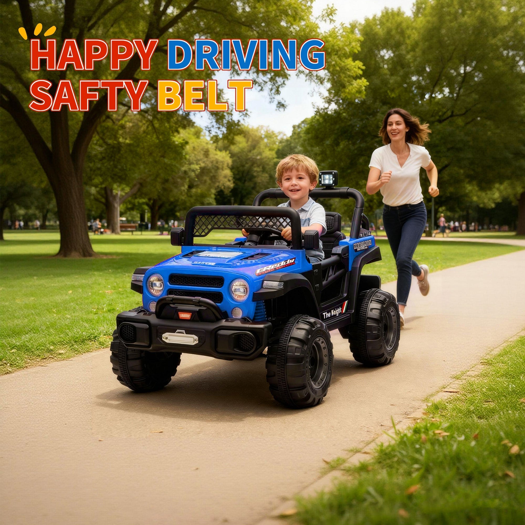 Garvee 12V Kids Electric Ride-On Truck – Dual Motors, 3 Speeds, Remote Control, Spring Suspension, LED Lights, Music, Safety Belt, Storage – Battery Powered Off-Road Toy Vehicle for Boys & Girls Ages 2-8, Blue