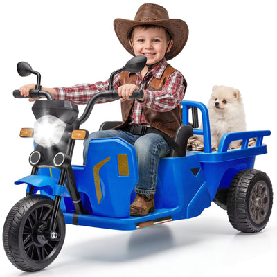 Garvee Ride P Series 3-Wheels Electric Tricycle w/Trailer, 12V Battery Powered Kids Motorcycle with Sand Shovel, 2x55W Motors, Bluetooth, Music, Headlight, Ride on Motorcycle for Kids Toddlers, Gift for Boys Girls, Dark Blue
