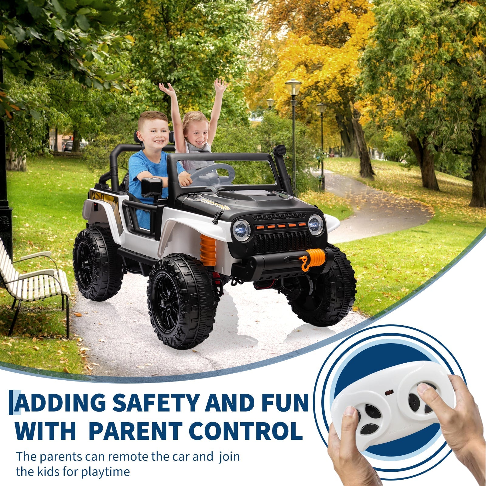 Garvee Ride - P Series: 24V 2 Seater Ride On Truck Car For Kid age 3 - 8 years, w/Remote Control, 4-Wheeler Suspension, 4x55W Powerful Engine, 4WD Battery Powered, LED Lights, Soft Braking - Black and White Mix