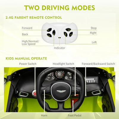 Garvee Ride - P Series: 12V Ride on Sports Car for Kids Licensed Aston Martin Battery Powered Car Toddles Ride on Toy with Remote Control, Horn, Soft Start, LED Lights, Music, USB, Electric Vehicle for Boys Girls (Green)