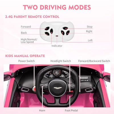 Garvee Ride - P Series: 12V Ride on Sports Car for Kids Licensed Aston Martin Battery Powered Car Toddles Ride on Toy with Remote Control, Horn, Soft Start, LED Lights, Music, USB, Electric Vehicle for Boys Girls (Pink)