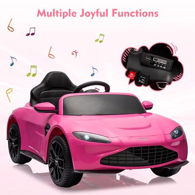 Garvee Ride - P Series: 12V Ride on Sports Car for Kids Licensed Aston Martin Battery Powered Car Toddles Ride on Toy with Remote Control, Horn, Soft Start, LED Lights, Music, USB, Electric Vehicle for Boys Girls (Pink)