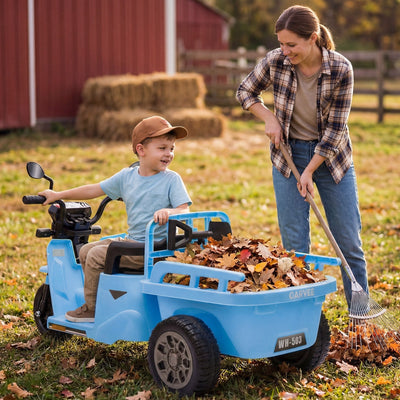 Garvee Ride P Series 3-Wheels Electric Tricycle w/Trailer, 12V Battery Powered Kids Motorcycle with Sand Shovel, 2x55W Motors, Bluetooth, Music, Headlight, Ride on Motorcycle for Kids Toddlers, Gift for Boys Girls, Light Blue