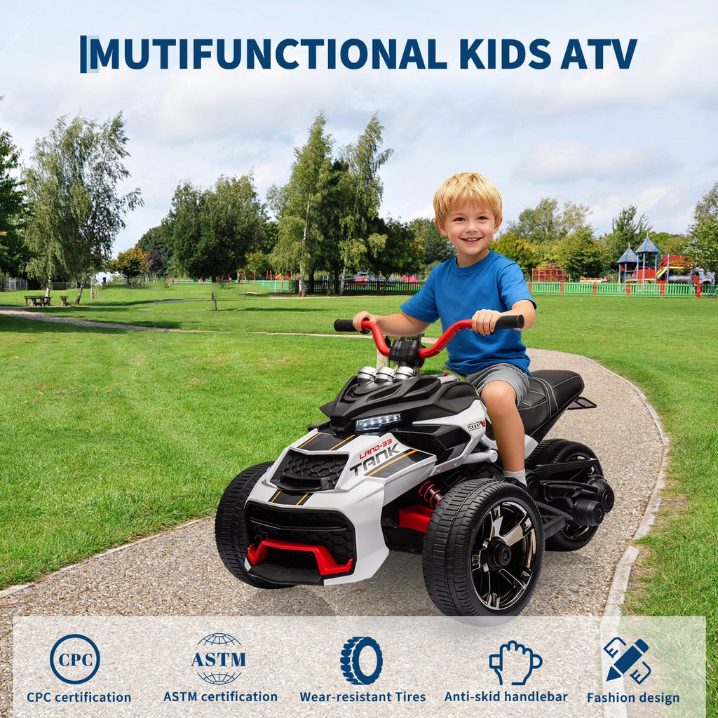 Garvee 12V Kids Ride on Toy for Kids, 2x55W Powerful Engine 7AH Battery, 3 - 7 km/H, 3 Wheelers Electric Vehicle, LED Lights, 2 Speeds, EVA Tire, Music, USB - White