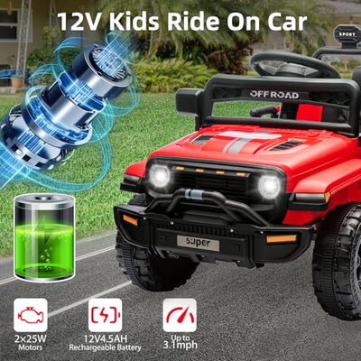 Garvee Ride - P Series: 12V Ride On Toy w/Parent Remote Control, Steering Wheel Music, 4-Wheel Spring Suspension, Led Lights, 2 Speeds, Kids Electric Vehicles for Age 3-5, Red