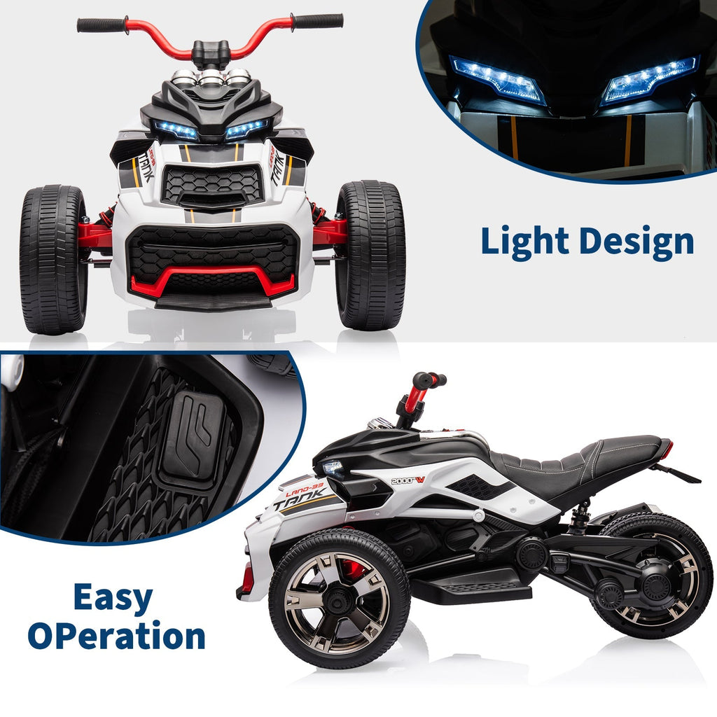 Garvee 12V Kids Ride on Toy for Kids, 2x55W Powerful Engine 7AH Battery, 3 - 7 km/H, 3 Wheelers Electric Vehicle, LED Lights, 2 Speeds, EVA Tire, Music, USB - White