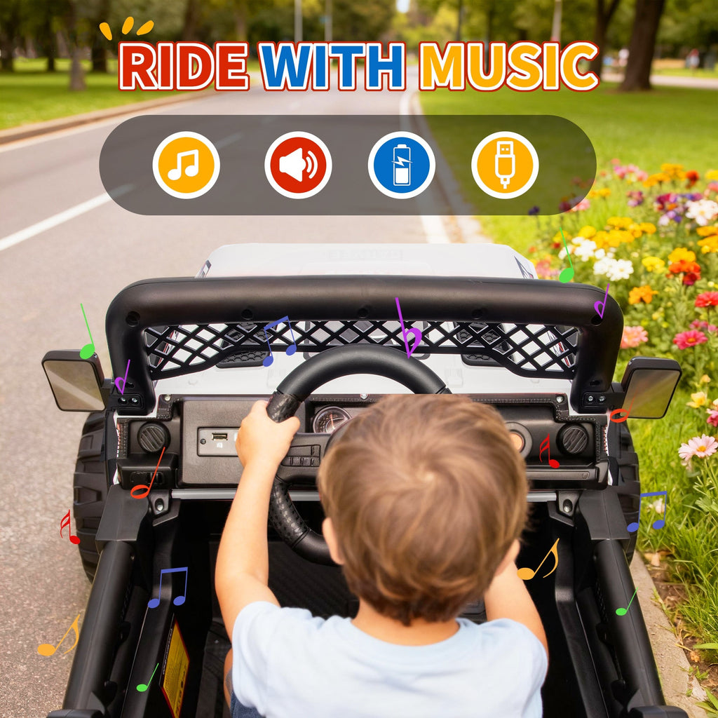 Garvee 12V Kids Electric Ride-On Truck – Dual Motors, 3 Speeds, Remote Control, Spring Suspension, LED Lights, Music, Safety Belt, Storage – Battery Powered Car Toy for Boys & Girls Ages 2-8, White