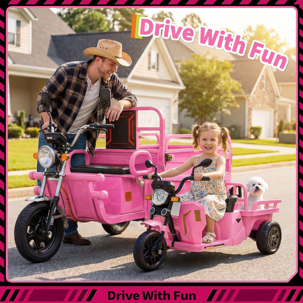 Garvee Ride P Series 3-Wheels Electric Tricycle w/Trailer, 12V Battery Powered Kids Motorcycle with Sand Shovel, 2x55W Motors, Bluetooth, Music, Headlight, Ride on Motorcycle for Kids Toddlers, Gift for Boys Girls, Pink