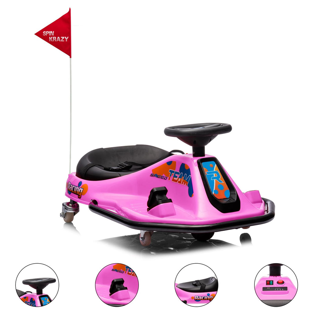 Garvee Ride - P Series: 360 Degrees Rotating Ride On Drift Car,Electric Drifting Go Kart,24V Ride On Race Car,Variable Speed for Kids,Simplified Drift System,Flashing Lights, Flag, Music - Pink