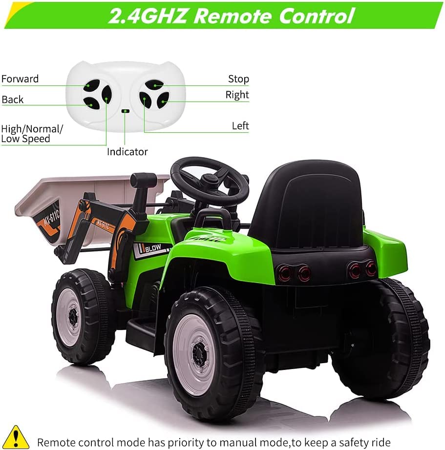 Garvee 12V Kids Ride on Car,Excavator with Bucket & Remote Control,Toddler Battery Powered Electric Vehicle,2+1 Gear Shift,3 Speeds,Bluetooth,7-LED Headlights,Music,Thread Tire,green