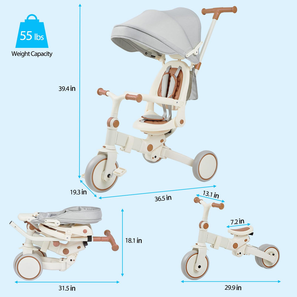 Garvee 7 in 1 Baby Tricycle, Foldable Toddler Tricycle with Removable and Adjustable Parent Handle, Toddler Push Bike with Removable Pedal, Canopy, and Guardrail, Tricycle for 12-72 Months（Brown）