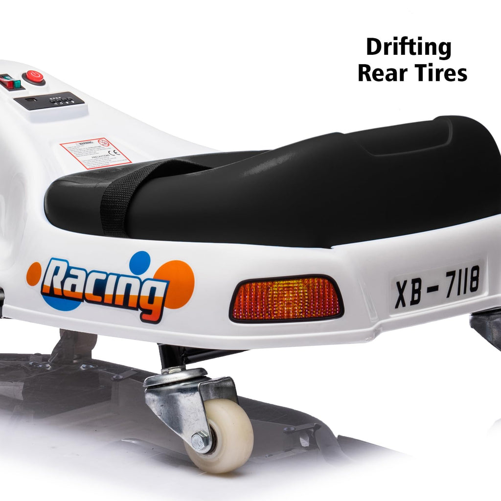 Garvee Ride - P Series: 360 Degrees Rotating Ride On Drift Car,Electric Drifting Go Kart,24V Ride On Race Car,Variable Speed for Kids,Simplified Drift System,Flashing Lights, Flag, Music - White