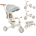 Garvee 7 in 1 Baby Tricycle, Foldable Toddler Tricycle with Removable and Adjustable Parent Handle, Toddler Push Bike with Removable Pedal, Canopy, and Guardrail, Tricycle for 12-72 Months（Brown）